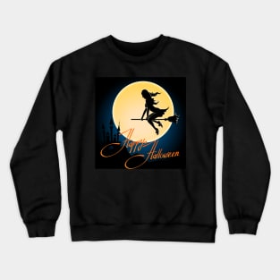 Happy Halloween poster with witch on a broom Crewneck Sweatshirt